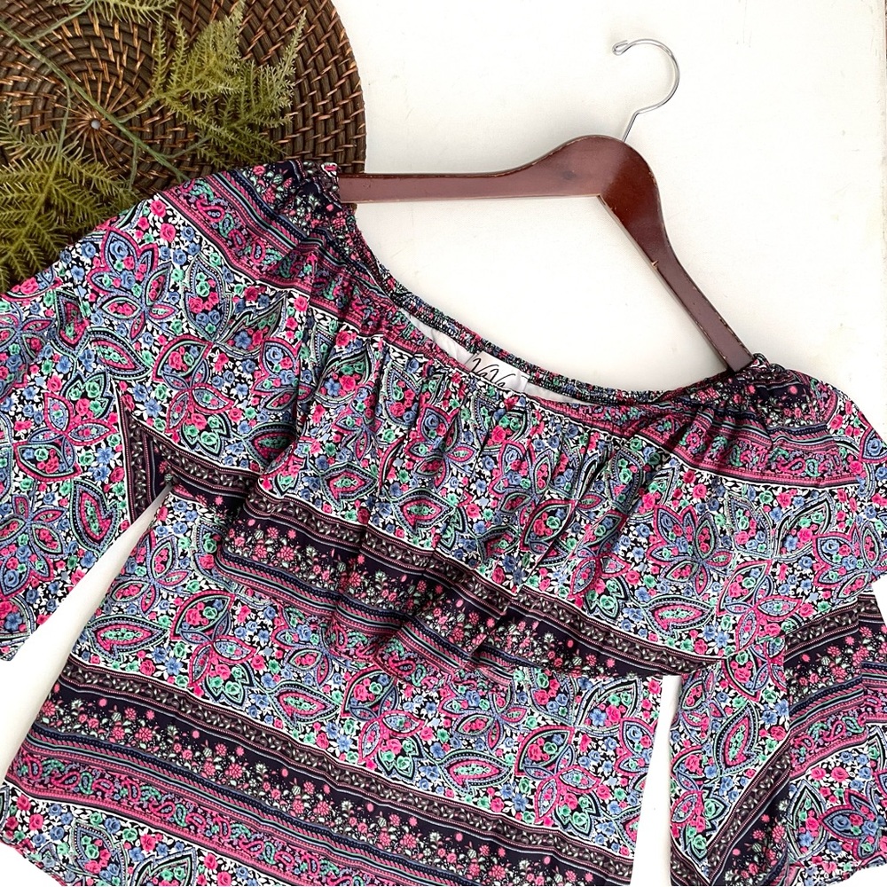 VA VA By Joy Han Womens Shirt Blouse Blue Pink Floral Off The Shoulder Small